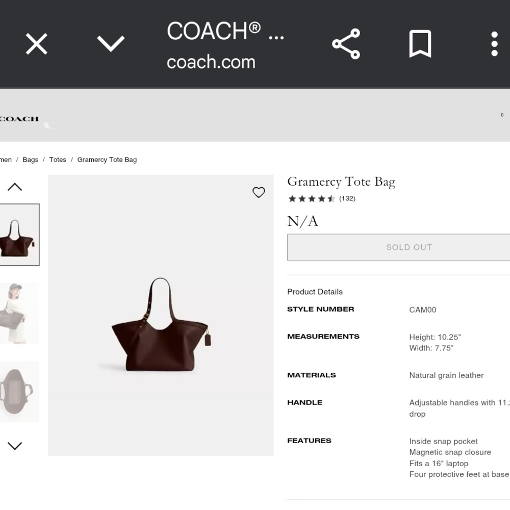 NWOT Coach Gramercy Tote Bag - Dark Brown Maple